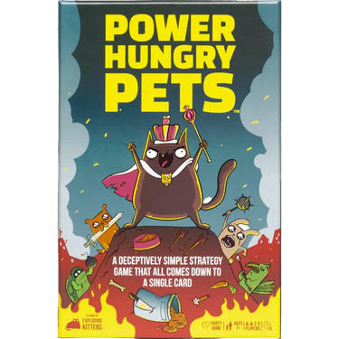 Family game Power Hungry Pets by Exploding Kittens, featuring colorful game pieces and playful artwork for kids and families.