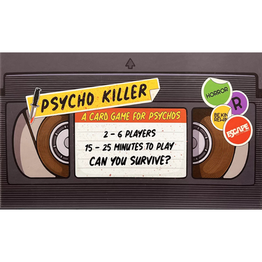 Escape Tabletop Games Psycho Killer party game with colorful cards and game pieces on a table.