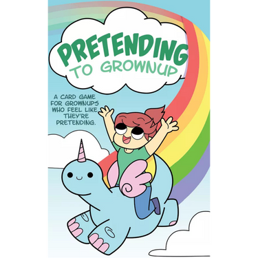 Pretending to Grownup party game by Jason Anarchy Games, featuring colorful game cards and playful adult-themed illustrations.