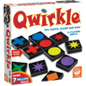 Colorful Qwirkle abstract game pieces arranged in a grid, featuring wooden tiles with various shapes and colors by MindWare.