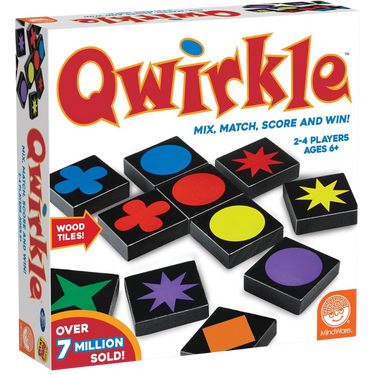Colorful Qwirkle abstract game pieces arranged in a grid, featuring wooden tiles with various shapes and colors by MindWare.