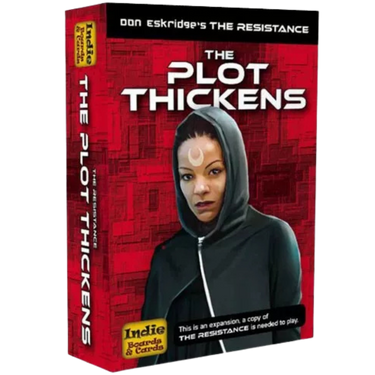 Image of The Resistance: The Plot Thickens party game by Indie Boards & Cards, showing colorful game components and cards on a table.