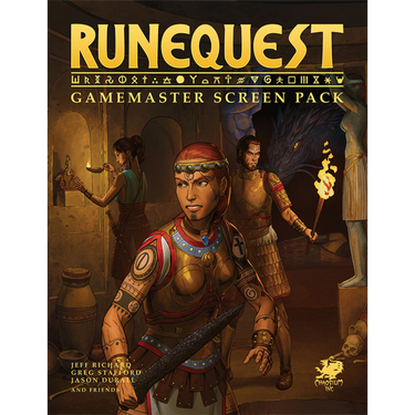 RuneQuest Gamemaster Screen Pack by Chaosium, featuring a sturdy RPG screen with game reference sheets and artwork for immersive gameplay.