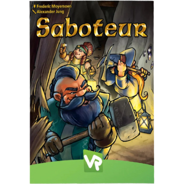 Image of Saboteur party game by Amigo, showing colorful game cards and tokens from the Saboteur board game set.