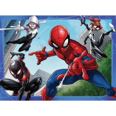 Children's Spider-Man puzzle by Ravensburger featuring four Spider-Man images in a box, colorful and engaging for kids.