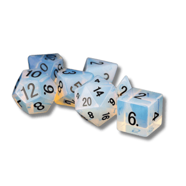 FanRoll Stone Poly Dice Set with opalite stone, featuring uniquely crafted multi-sided dice for tabletop gaming.