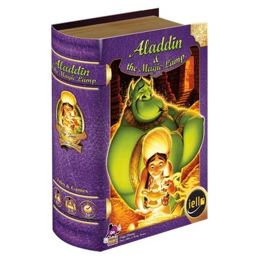 Children's game box for Tales & Games: Aladdin & the Magic Lamp by IELLO, featuring colorful artwork with Aladdin and the magic lamp.