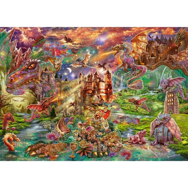 Adult puzzle titled The Dragon’s Treasure by Schmidt, featuring a detailed fantasy dragon and treasure scene.
