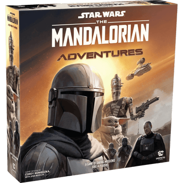 A box of The Mandalorian: Adventures strategy game by Unexpected Games, featuring Mandalorian character artwork on the packaging.