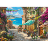 Adult puzzle featuring Thomas Kinkade's Café on the Italian Riviera, with vibrant scenic artwork by Schmidt.