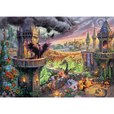 Adult puzzle featuring Thomas Kinkade's Maleficent artwork, 1000-piece Schmidt brand jigsaw puzzle, vibrant and detailed image.