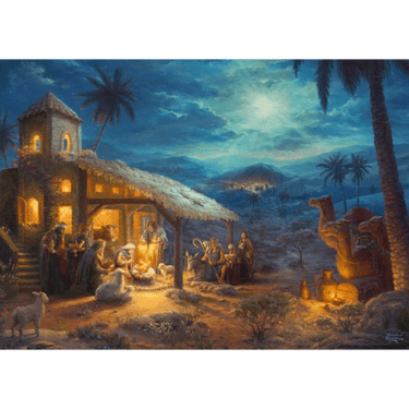 Adult puzzle featuring Thomas Kinkade's Spirit, The Nativity scene, with detailed holiday nativity artwork by Schmidt.