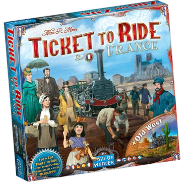 Ticket to Ride Map Collection 6: France & Old West family game by Days of Wonder, featuring colorful map illustrations.