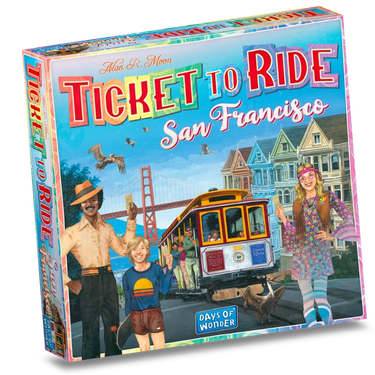 Ticket to Ride San Francisco family game box by Days of Wonder, featuring colorful map and game pieces for strategic gameplay.
