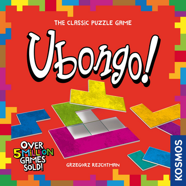Colorful Ubongo abstract game by KOSMOS, featuring geometric puzzle pieces on a game board for strategic play.