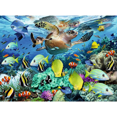 Colorful Ravensburger children's underwater paradise puzzle showing vibrant marine life and coral reefs for kids' play and learning.