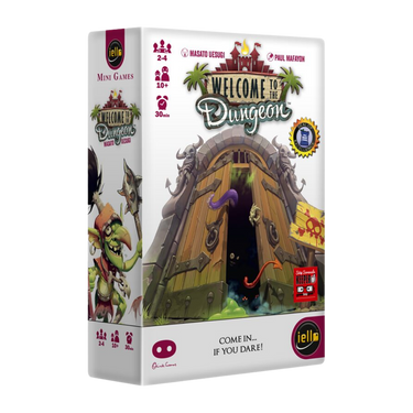 Family board game "Welcome to the Dungeon" by IELLO featuring colorful card illustrations and dungeon-themed game components.