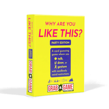 Exploding Kittens' Why Are You Like This? Grab & Game party game box with colorful artwork, perfect for social gatherings and fun.