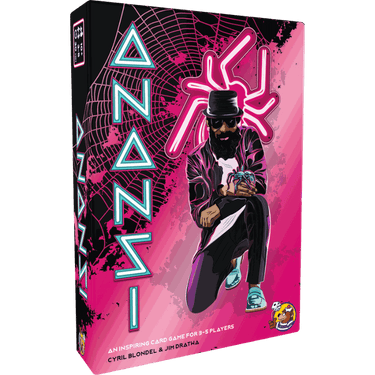 HeidelBÄR Games Anansi strategy game box with colorful spider-themed artwork and game components on a table.