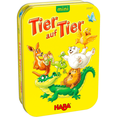 HABA Animal Upon Animal mini children's game with colorful wooden animal stacking pieces on a smooth surface.