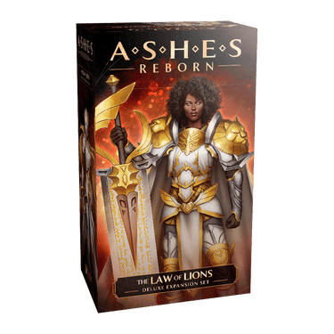 Deck of Ashes Reborn: The Law of Lions deluxe expansion for the strategy game by Plaid Hat Games, featuring colorful card artwork.