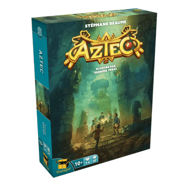 Aztec family game by Matagot featuring colorful illustrated game board and game pieces on a wooden table.