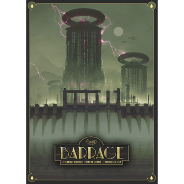 Strategy game box titled "Barrage" by Cranio Creations, featuring artwork and components for the tabletop game.