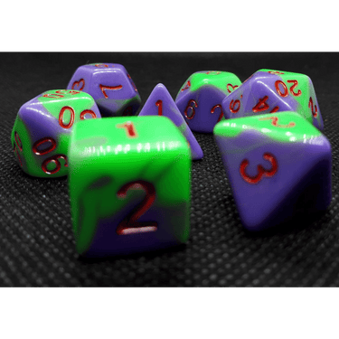 Green Joker blended dice set from Dice 4 Friends, featuring colorful, mixed polyhedral gaming dice for tabletop gameplay.