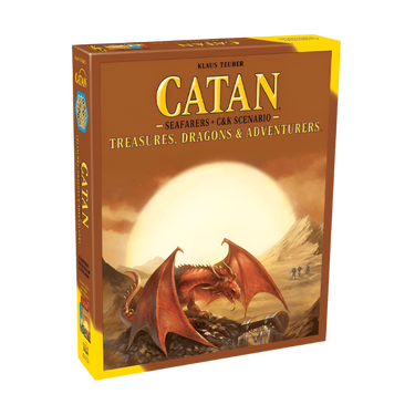 Catan Studios family game box featuring Catan: Treasures, Dragons & Adventurers, with colorful game artwork and fantasy-themed illustrations.