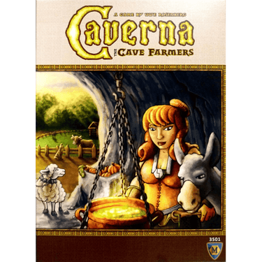 Image of Caverna: The Cave Farmers strategy game box by Mayfair Games, featuring colorful artwork of caves and farming scenes.