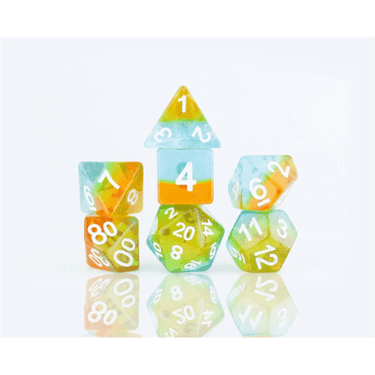 Sirius Dice Celestial Ocean Dusk dice set featuring cosmic-themed polyhedral dice with blue and purple swirling designs.
