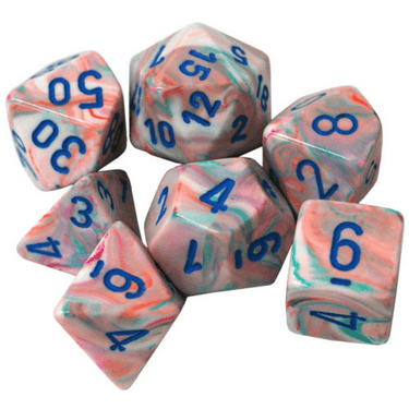 Chessex 7-piece polyhedral dice set in festive pop-art colors, featuring vibrant, colorful dice for tabletop gaming.