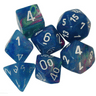 Chessex 7-piece polyhedral dice set in festive Waterlily colors, including a d20, d12, d10, d8, d6, d4, and d10 percentile.