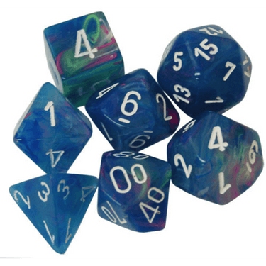 Chessex 7-piece polyhedral dice set in festive Waterlily colors, including a d20, d12, d10, d8, d6, d4, and d10 percentile.