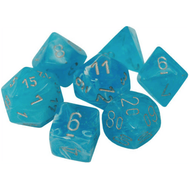Chessex Luminary Sky 7-piece polyhedral dice set with vibrant, glowing blue and purple colors for tabletop gaming.