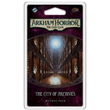 Fantasy Flight Games Arkham Horror: The Card Game City of Archives Mythos Pack box with artwork and game components.