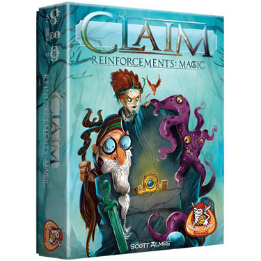 Deep Water Games Claim: Reinforcements – Magic family game box featuring fantasy-themed artwork and game components.