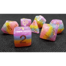Cream-colored rainbow-themed dice set from Dice 4 Friends, featuring vibrant, multi-colored dice for tabletop gaming.