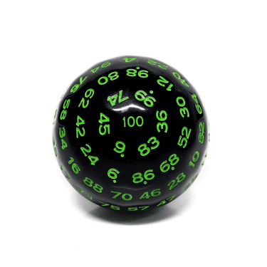 Black and green D100 dice set from Dice 4 Friends, featuring a large 100-sided polyhedral die with intricate numbering.