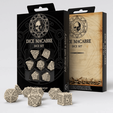 Q Workshop Dice Macabre Dice Set featuring dark, intricately designed polyhedral dice for tabletop role-playing games.