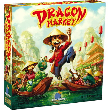 Family game Dragon Market by Blue Orange featuring colorful dragon-themed game components and vibrant game board.