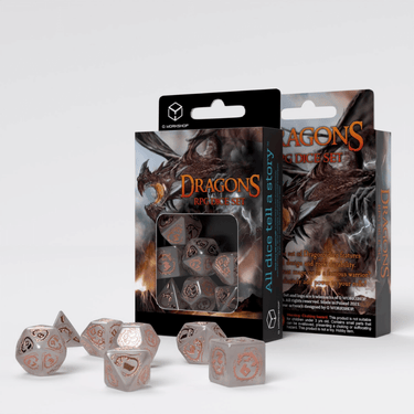 Q Workshop Dragons Dice Set in quartz featuring detailed dragon-themed design, perfect for tabletop role-playing games.