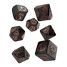 Q Workshop Dragons Dice Set with modern black and copper design, featuring intricately detailed gaming dice for tabletop role-playing games.