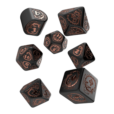 Q Workshop Dragons Dice Set with modern black and copper design, featuring intricately detailed gaming dice for tabletop role-playing games.