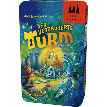Children's game box titled The Enchanted Tower by Drei Magier Spiele, featuring a colorful illustration on a tin container.