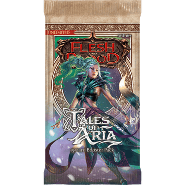 Flesh and Blood TCG Tales of Aria Unlimited booster pack with colorful trading cards and packaging from Legend Story Studios