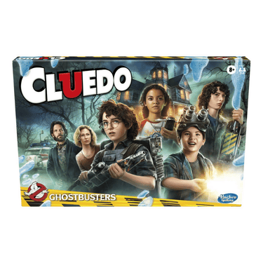 Hasbro Ghostbusters Cluedo children's game with ghost-themed game pieces and colorful game board for kids.