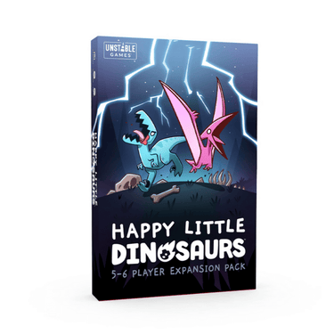 Happy Little Dinosaurs 5-6 Player Expansion for Unstable Games party game, showing colorful dinosaur cards and game components.