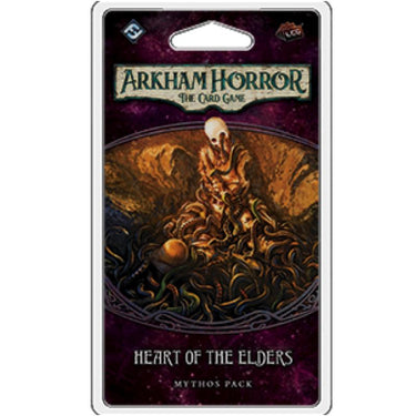 Arkham Horror: The Card Game Heart of the Elders Mythos Pack from Fantasy Flight Games, featuring game cards and thematic artwork.