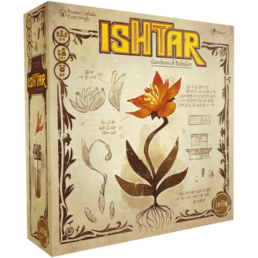 Ishtar: Gardens of Babylon family game box by IELLO, featuring artwork of ancient gardens and game components on the cover.